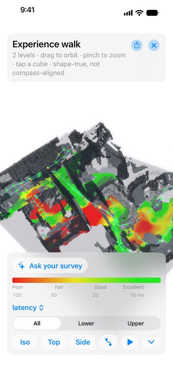 3D survey of a home: walk path drawn through, rooms shaded green to red by Wi-Fi quality.